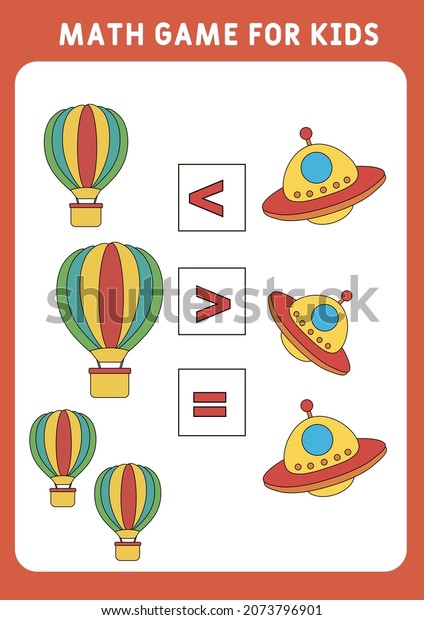 More,\
less or equal with cute cartoon air balloon, UFO. Math game for\
preschool kids. Educational worksheet for children. Activity book\
for kindergarten. Learning to count and to\
compare.