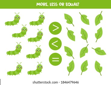 More, less or equal with cute caterpillar and leaves. Educational math game for kids.