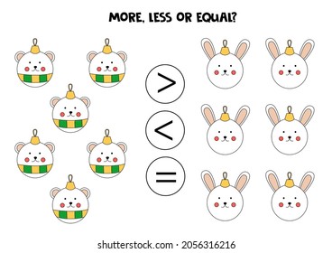 More, less, equal with cute Christmas balls. Math game for kids.