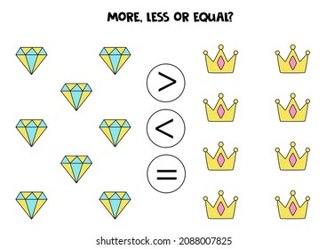 More, less, equal with cute diamonds and crowns. Math game.