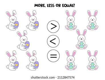 More, less, equal with cute Easter bunnies. Math game.