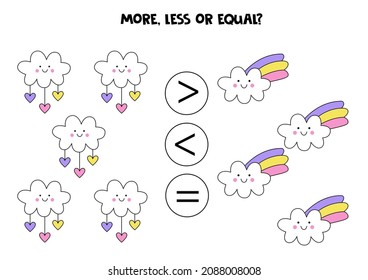 More, less, equal with cute kawaii clouds. Math game.