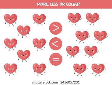 Más, menos o igual que los bonitos corazones rosados kawaii. Juego de comparación para niños.