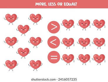 More, less or equal with cute kawaii pink hearts. Comparison game for children.