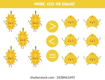More, less or equal with cute kawaii horned melon and ugli fruit. Comparison game for children.
