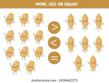 More, less or equal with cute kawaii potato and yam. Comparison game for children.