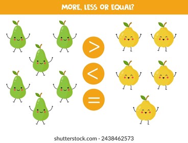 More, less or equal with cute kawaii pears and quinces. Comparison game for children.