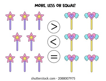 More, less, equal with cute magical wands. Math game.