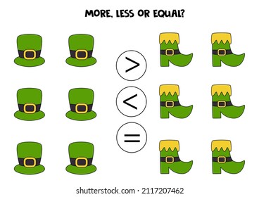 More, less, equal with cute Saint Patrick day symbols. Math game.