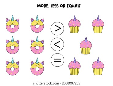 More, less, equal with cute unicorn donuts and cupcakes. Math game.