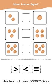 More, less or equal. Educational counting game for kids. Learning mathematic with cookies.