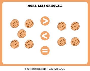 More, less or equal. Educational counting game for kids. Learning mathematic with cookies.