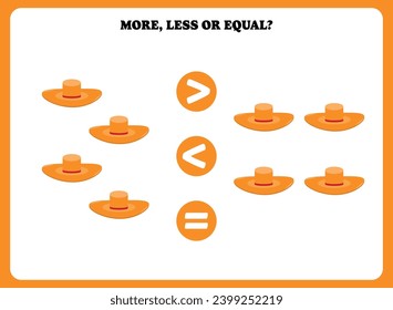 More, less or equal. Educational counting game for kids. Learning mathematic with hat.