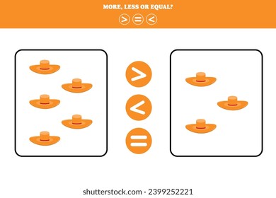 More, less or equal. Educational counting game for kids. Learning mathematic with hat.