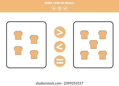 More, less or equal. Educational counting game for kids. Learning mathematic with bread.