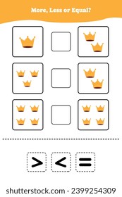 More, less or equal. Educational counting game for kids. Learning mathematic with crown.