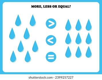 More, less or equal. Educational counting game for kids. Learning mathematic with raindrops.