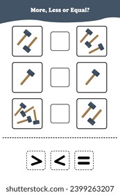 More, less or equal. Educational counting game for kids. Learning mathematic with hammer.