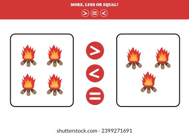 More, less or equal. Educational counting game for kids. Learning mathematic with bonfire.