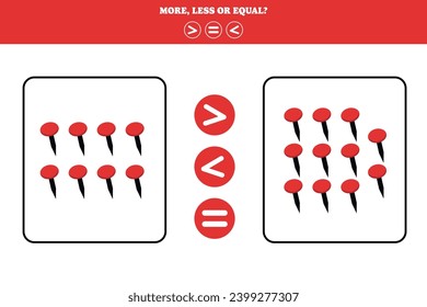 More, less or equal. Educational counting game for kids. Learning mathematic with red pins.