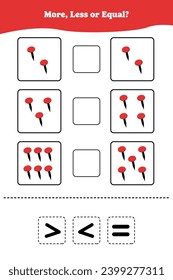 More, less or equal. Educational counting game for kids. Learning mathematic with red pins.