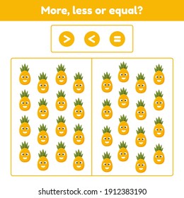 More, less or equal. Educational math game for kids preschool and school age. Fruit. Pineapple. Vector illustration.