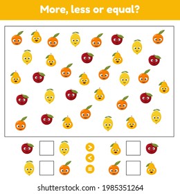 More, less or equal. Educational math game for kids preschool and school age. Fruits. Lemon, apple, pear, orange. Vector illustration.