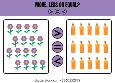 More less or equal. Educational math game for kids. Worksheet design for preschool, kindergarten or elementary students.
