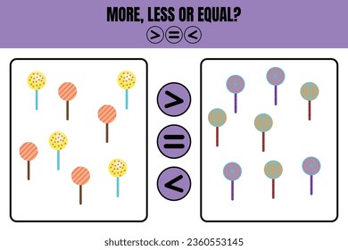 More less or equal. Educational math game for kids. Worksheet design for preschool, kindergarten or elementary students.