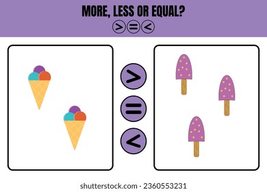 More less or equal. Educational math game for kids. Worksheet design for preschool, kindergarten or elementary students.