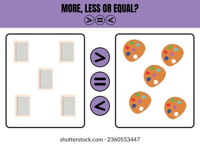 More less or equal. Educational math game for kids. Worksheet design for preschool, kindergarten or elementary students.
