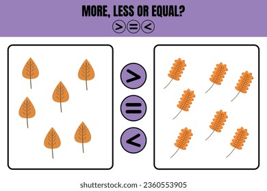 More less or equal. Educational math game for kids. Worksheet design for preschool, kindergarten or elementary students.