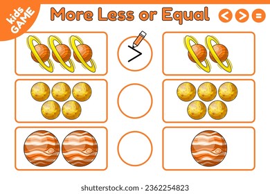 More, less or equal. Educational math game for children with cartoon planets Saturn, Jupiter, Venus. Count space objects, compare and write down correct sign. Algebra training for kids. Vector design.