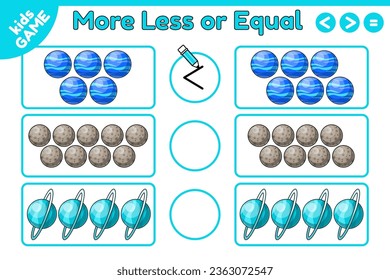 More, less or equal. Educational math game for children with cartoon planets Neptune, Mercury, Uranus. Count space objects and write down correct sign. Counting task for education kids. Vector design.