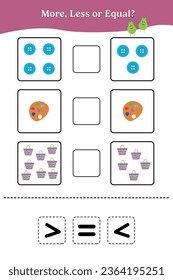 More less or equal. Educational math game for kids. Worksheet design for preschool, kindergarten or elementary students.