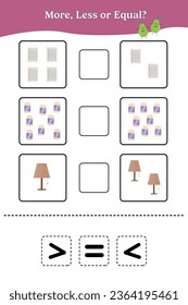 More less or equal. Educational math game for kids. Worksheet design for preschool, kindergarten or elementary students.