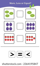 More less or equal. Educational math game for kids. Worksheet design for preschool, kindergarten or elementary students.
