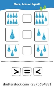 More less or equal. Educational math game for kids. Printable worksheet design for preschool, kindergarten or elementary students. Activity page for children.