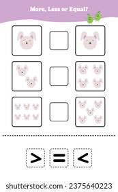 More less or equal. Educational math game for kids. Printable worksheet design for preschool, kindergarten or elementary students. Activity page for children.