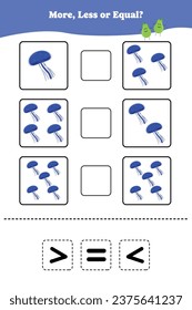 More less or equal. Educational math game for kids. Printable worksheet design for preschool, kindergarten or elementary students. Activity page for children.