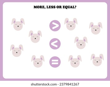More less or equal. Educational math game for kids. Printable worksheet design for preschool, kindergarten or elementary students. Activity page for children.