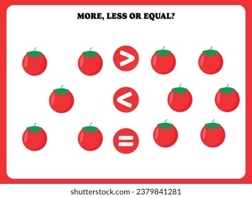 More less or equal. Educational math game for kids. Printable worksheet design for preschool, kindergarten or elementary students. Activity page for children.