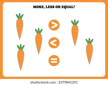 More less or equal. Educational math game for kids. Printable worksheet design for preschool, kindergarten or elementary students. Activity page for children.