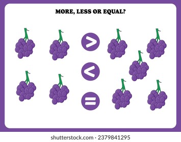 More less or equal. Educational math game for kids. Printable worksheet design for preschool, kindergarten or elementary students. Activity page for children.