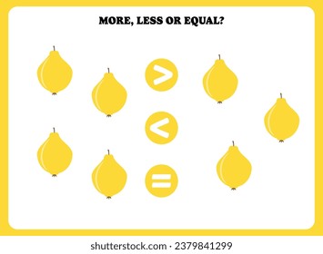 More less or equal. Educational math game for kids. Printable worksheet design for preschool, kindergarten or elementary students. Activity page for children.