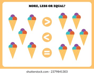 More less or equal. Educational math game for kids. Printable worksheet design for preschool, kindergarten or elementary students. Activity page for children.