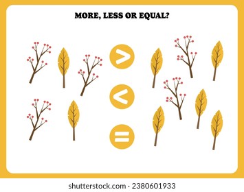 More less or equal. Educational math game for kids. Printable worksheet design for preschool, kindergarten or elementary students. Activity page for children.