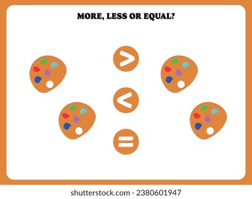 More less or equal. Educational math game for kids. Printable worksheet design for preschool, kindergarten or elementary students. Activity page for children.