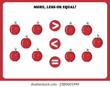 More less or equal. Educational math game for kids. Printable worksheet design for preschool, kindergarten or elementary students. Activity page for children.