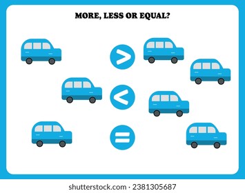 More less or equal. Educational math game for kids. Printable worksheet design for preschool, kindergarten or elementary students. Comparing objects activity.